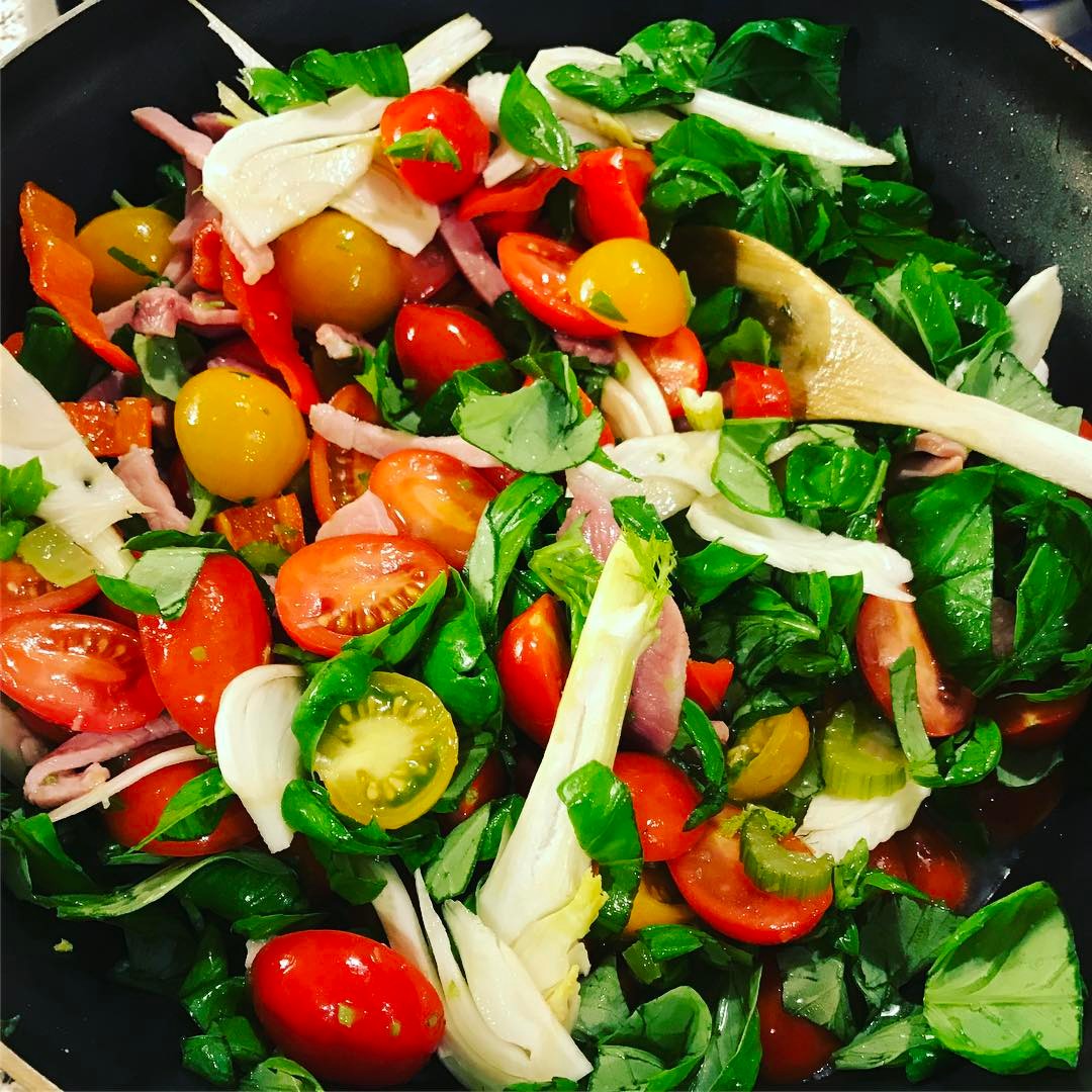 Vegetables and bacon in a pan, the basis for a pasta sauce