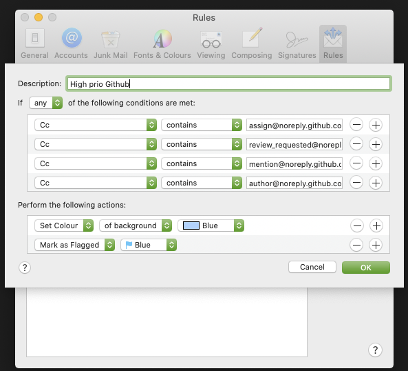 Configuring Github high priority email notifications in Apple mail