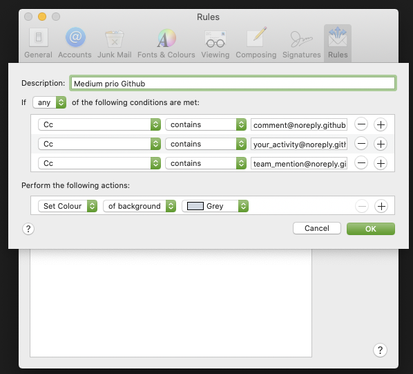 Configuring Github medium priority email notifications in Apple mail