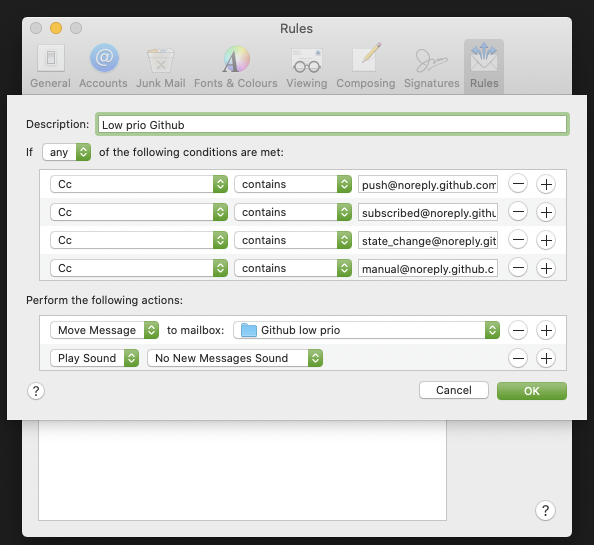 Hiding Github low priority email notifications in Apple mail