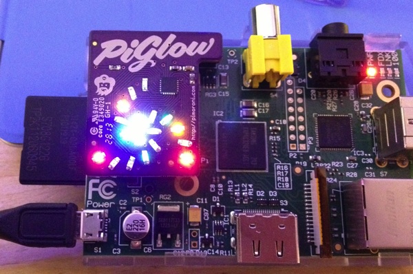 A Piglow Raspberry pi board lit up