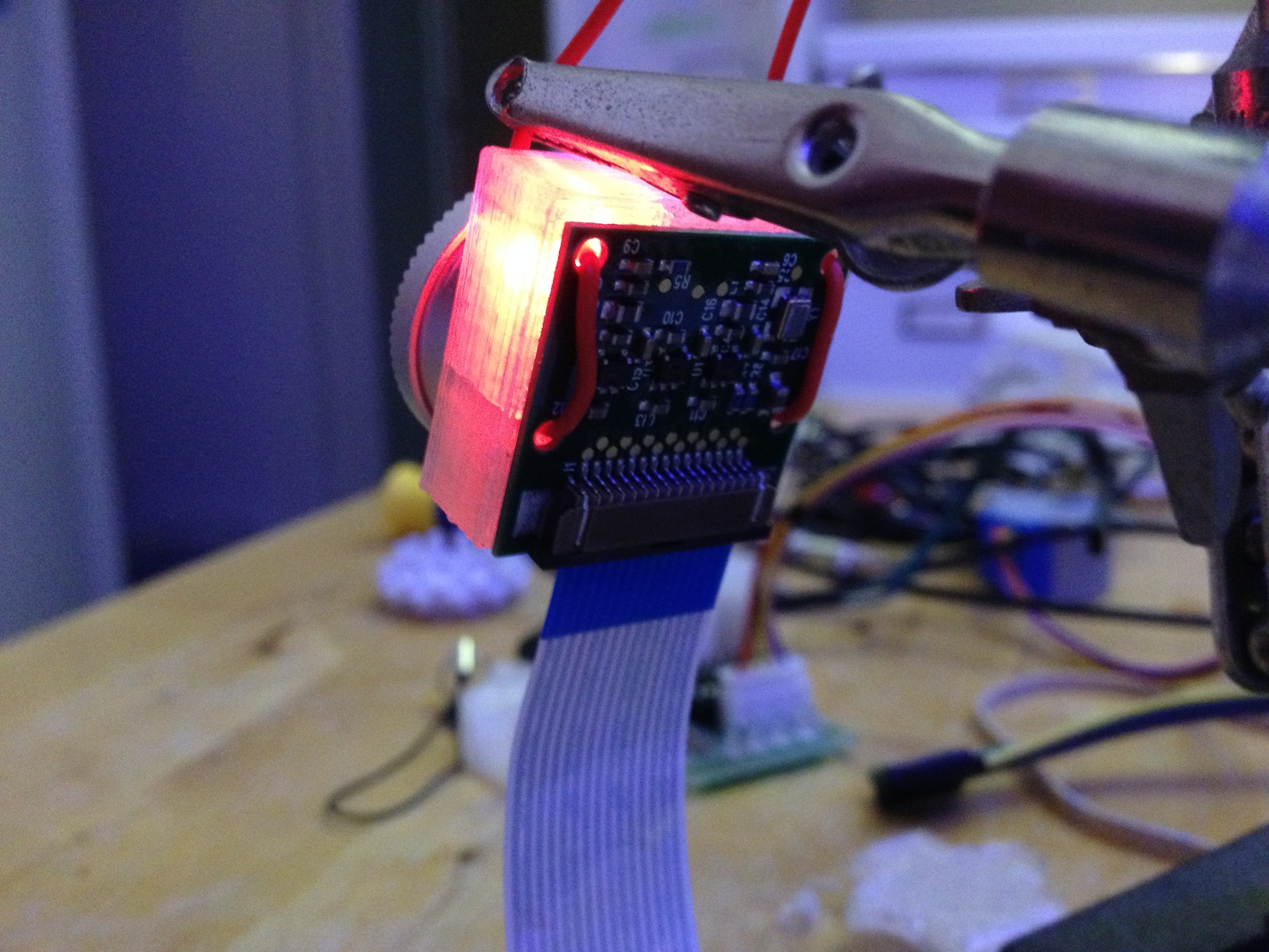Raspberry pi camera holder, rear, showing a circuit board