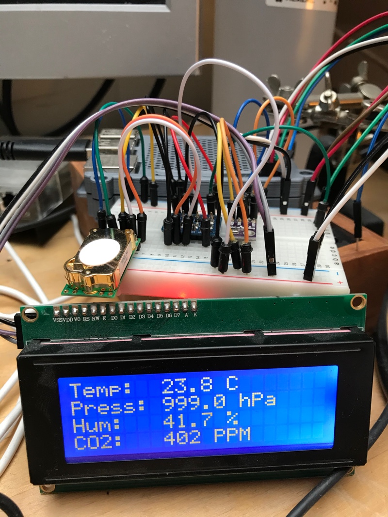 The sensor connected and displaying the CO₂ reading on an LCD